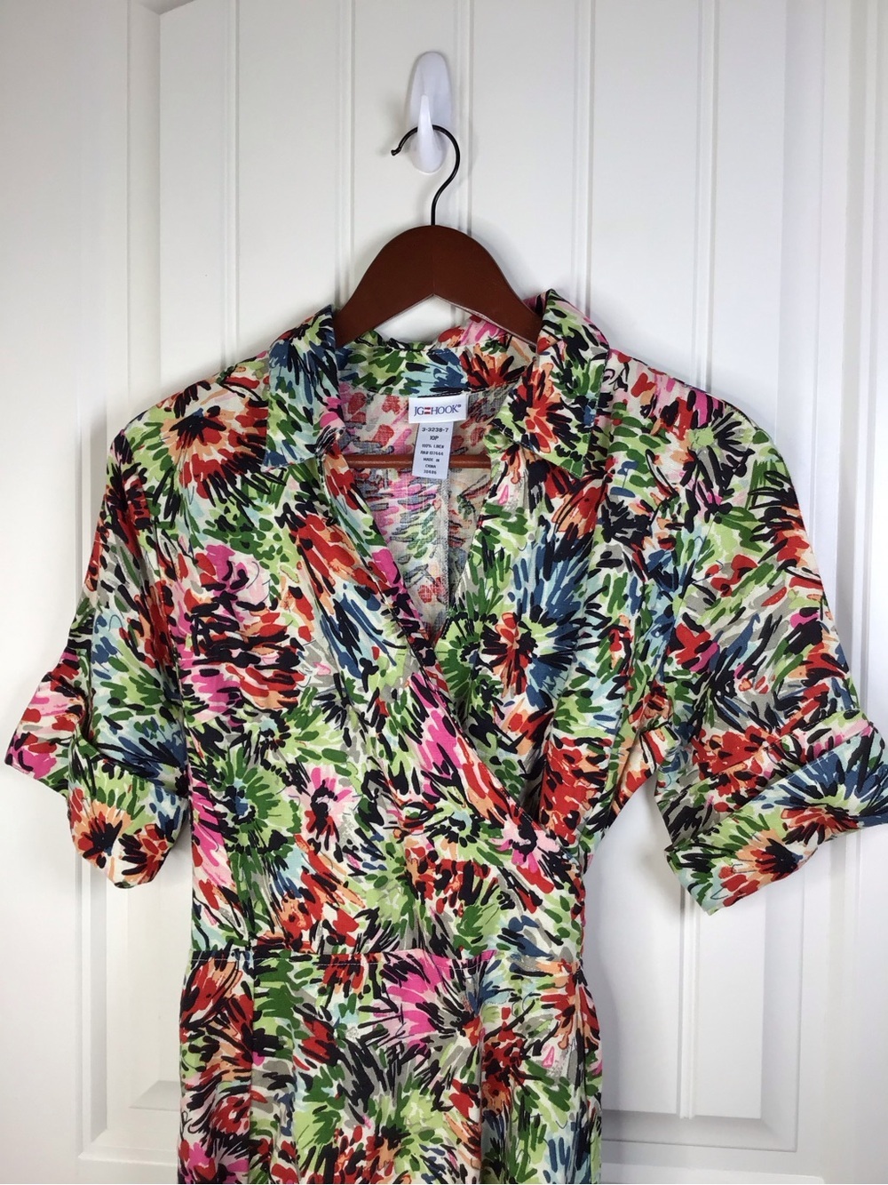 Vintage JG Hook Faux Wrap 100% Linen Floral Print Dress Size 10P. - Picture 3 of 6